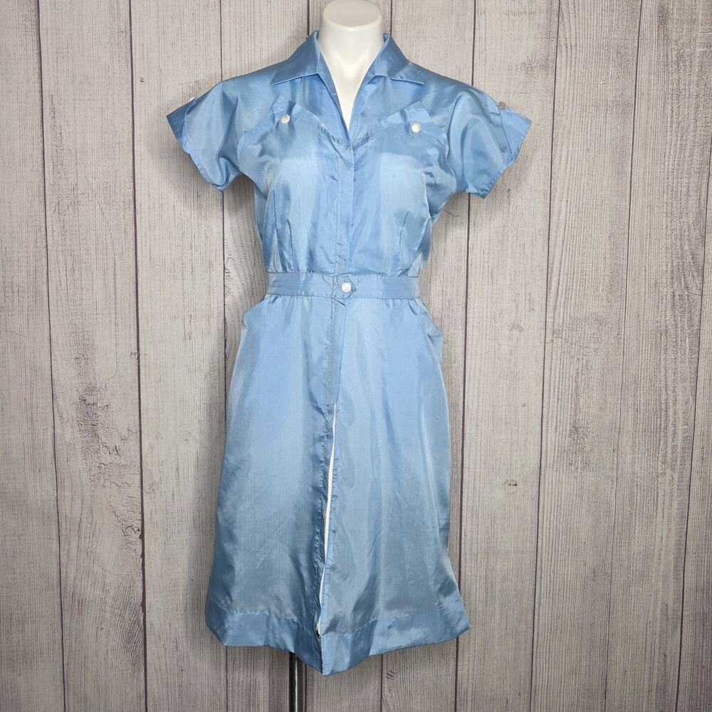 Vtg 50s 60s Blue Nylon Waitress Uniform DressDiner Space Age Rockabilly, Small